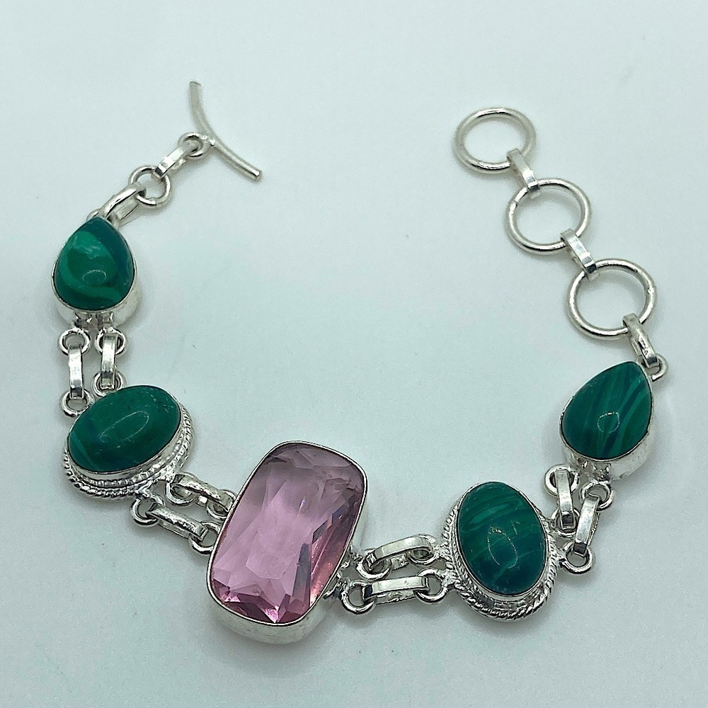 Vtg Pink Kunzite & Malachite Gemstone Toggle Clasp Bracelet 6” - 7.5”